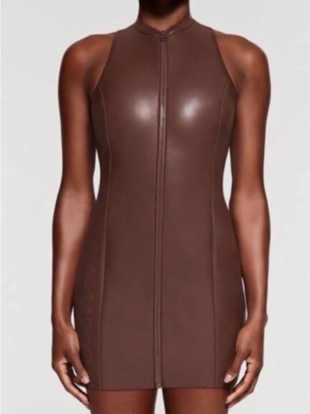 Skims Rubberized Scuba Mock Neck Mini Dress - Cocoa Brown- Sculpting Zip Front